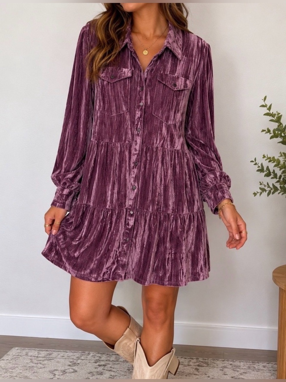 Cato purple crushed stretch velvet lg puff slv shirt dress SZ M goth festival - Picture 1 of 10